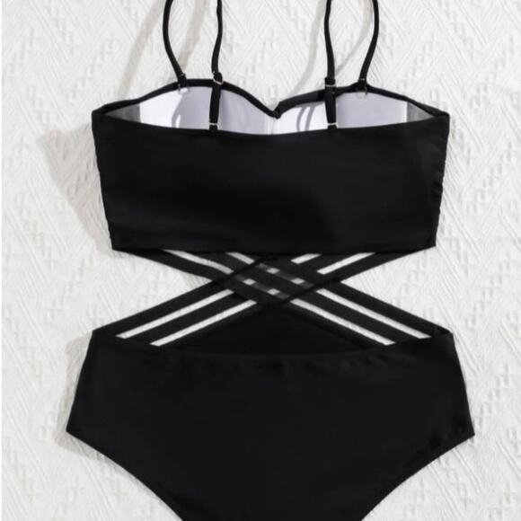 CRISS CROSS One Piece Bathing Suit Sz XL BLACK Glam Avante Garde Push Padded NEW - Picture 3 of 13